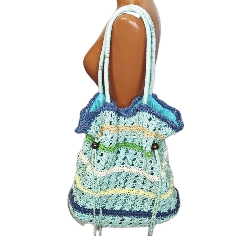Altamar By Monica Q Raffi Resort Cruise Beach Bucket Bag Tote Beaded Drawstring